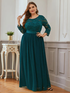 COLOR=Teal | See-Through Floor Length Lace Evening Dress With Half Sleeve-Teal 1
