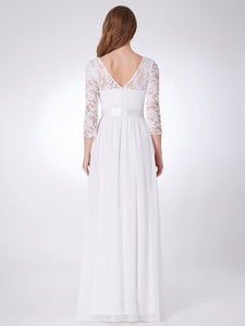 Color=White | Elegant Empire Waist Wholesale Bridesmaid Dresses With Long Lace Sleeve-White 2