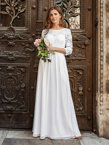 Color=White | Elegant Empire Waist Wholesale Bridesmaid Dresses With Long Lace Sleeve-White 12