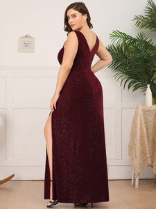 Color=Burgundy | Plus Size Women Fashion A Line V Neck Long Gillter Evening Dress With Side Split Ep07505-Burgundy 2
