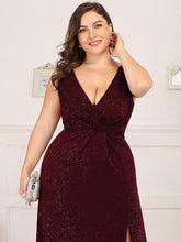 Load image into Gallery viewer, Color=Burgundy | Plus Size Women Fashion A Line V Neck Long Gillter Evening Dress With Side Split Ep07505-Burgundy 5