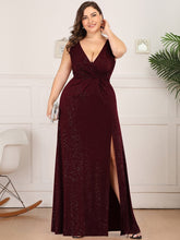 Load image into Gallery viewer, Color=Burgundy | Plus Size Women Fashion A Line V Neck Long Gillter Evening Dress With Side Split Ep07505-Burgundy 1