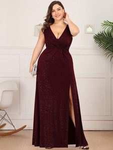 Color=Burgundy | Plus Size Women Fashion A Line V Neck Long Gillter Evening Dress With Side Split Ep07505-Burgundy 1