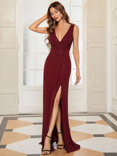 Load image into Gallery viewer, Color=Burgundy | Women Fashion A Line V Neck Long Gillter Evening Dress With Side Split Ep07505-Burgundy 1