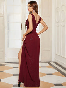 Color=Burgundy | Women Fashion A Line V Neck Long Gillter Evening Dress With Side Split Ep07505-Burgundy 2