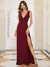 Load image into Gallery viewer, Color=Burgundy | Women Fashion A Line V Neck Long Gillter Evening Dress With Side Split Ep07505-Burgundy 4