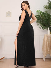 Load image into Gallery viewer, Color=Black | Plus Size Women Fashion A Line V Neck Long Gillter Evening Dress With Side Split Ep07505-Black 2