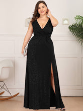 Load image into Gallery viewer, Color=Black | Plus Size Women Fashion A Line V Neck Long Gillter Evening Dress With Side Split Ep07505-Black 1