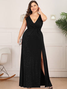 Color=Black | Plus Size Women Fashion A Line V Neck Long Gillter Evening Dress With Side Split Ep07505-Black 1