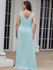 Color=Sky Blue | Plus Size Women Fashion A Line V Neck Long Gillter Evening Dress With Side Split Ep07505-Sky Blue 2