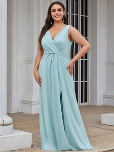 Color=Sky Blue | Plus Size Women Fashion A Line V Neck Long Gillter Evening Dress With Side Split Ep07505-Sky Blue 4
