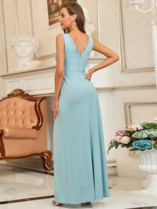 Color=Sky Blue | Women Fashion A Line V Neck Long Gillter Evening Dress With Side Split Ep07505-Sky Blue 2