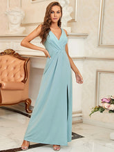 Load image into Gallery viewer, Color=Sky Blue | Women Fashion A Line V Neck Long Gillter Evening Dress With Side Split Ep07505-Sky Blue 1