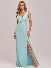 Load image into Gallery viewer, Color=Sky Blue | Women Fashion A Line V Neck Long Gillter Evening Dress With Side Split Ep07505-Sky Blue 3