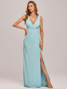 Color=Sky Blue | Women Fashion A Line V Neck Long Gillter Evening Dress With Side Split Ep07505-Sky Blue 6