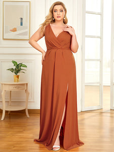 Color=Burnt Orange | Plus Size Women Fashion A Line V Neck Long Gillter Evening Dress With Side Split Ep07505-Burnt Orange 1
