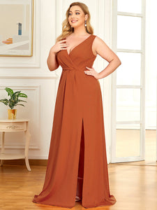 Color=Burnt Orange | Plus Size Women Fashion A Line V Neck Long Gillter Evening Dress With Side Split Ep07505-Burnt Orange 3