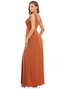 Color=Burnt orange | Women Fashion A Line V Neck Long Gillter Evening Dress With Side Split Ep07505-Burnt orange 2