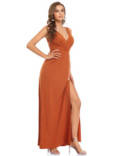 Load image into Gallery viewer, Color=Burnt orange | Women Fashion A Line V Neck Long Gillter Evening Dress With Side Split Ep07505-Burnt orange 4