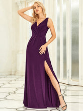 Load image into Gallery viewer, Color=Dark Purple | Women Fashion A Line V Neck Long Gillter Evening Dress With Side Split Ep07505-Dark Purple 1