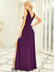Color=Dark Purple | Women Fashion A Line V Neck Long Gillter Evening Dress With Side Split Ep07505-Dark Purple 2