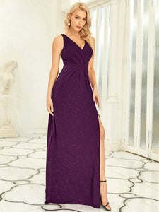 Color=Dark Purple | Women Fashion A Line V Neck Long Gillter Evening Dress With Side Split Ep07505-Dark Purple 3