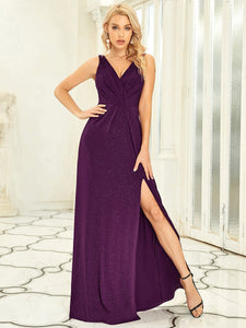 Color=Dark Purple | Women Fashion A Line V Neck Long Gillter Evening Dress With Side Split Ep07505-Dark Purple 4