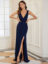 Load image into Gallery viewer, Color=Navy Blue | Women Fashion A Line V Neck Long Gillter Evening Dress With Side Split Ep07505-Navy Blue 1