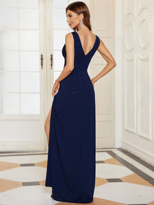 Color=Navy Blue | Women Fashion A Line V Neck Long Gillter Evening Dress With Side Split Ep07505-Navy Blue 2