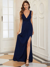 Load image into Gallery viewer, Color=Navy Blue | Women Fashion A Line V Neck Long Gillter Evening Dress With Side Split Ep07505-Navy Blue 3