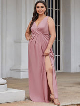 Load image into Gallery viewer, Color=Orchid | Plus Size Women Fashion A Line V Neck Long Gillter Evening Dress With Side Split Ep07505-Orchid 4