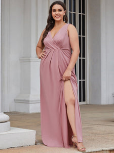 Color=Orchid | Plus Size Women Fashion A Line V Neck Long Gillter Evening Dress With Side Split Ep07505-Orchid 4