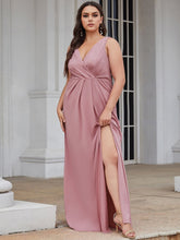 Load image into Gallery viewer, Color=Orchid | Plus Size Women Fashion A Line V Neck Long Gillter Evening Dress With Side Split Ep07505-Orchid 1