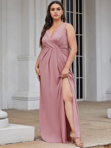 Color=Orchid | Plus Size Women Fashion A Line V Neck Long Gillter Evening Dress With Side Split Ep07505-Orchid 1