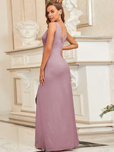 Load image into Gallery viewer, Color=Orchid | Women Fashion A Line V Neck Long Gillter Evening Dress With Side Split Ep07505-Orchid 2