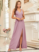 Load image into Gallery viewer, Color=Orchid | Women Fashion A Line V Neck Long Gillter Evening Dress With Side Split Ep07505-Orchid 4