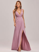Load image into Gallery viewer, Color=Orchid | Women Fashion A Line V Neck Long Gillter Evening Dress With Side Split Ep07505-Orchid 6
