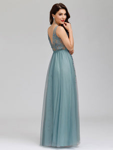 Color=Dusty blue | Women'S Fashion V Neck Sleeveless Long Evening Party Dresses-Dusty blue 2