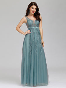 Color=Dusty blue | Women'S Fashion V Neck Sleeveless Long Evening Party Dresses-Dusty blue 3