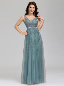 Color=Dusty blue | Women'S Fashion V Neck Sleeveless Long Evening Party Dresses-Dusty blue 4