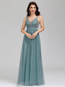 Color=Dusty blue | Women'S Fashion V Neck Sleeveless Long Evening Party Dresses-Dusty blue 1