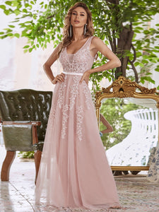 Color=Pink | Women'S Fashion V Neck Sleeveless Long Evening Party Dresses-Pink 4