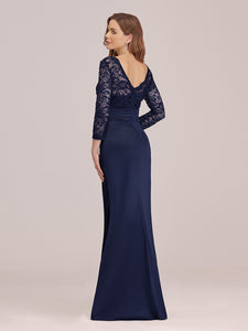 Color=Navy Blue | Women Elegant Round Neck Long Sleeves Lace Evening Cocktail Dresses Ep07584-Navy Blue 7