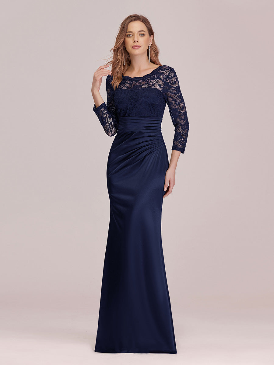 Color=Navy Blue | Women Elegant Round Neck Long Sleeves Lace Evening Cocktail Dresses Ep07584-Navy Blue 6
