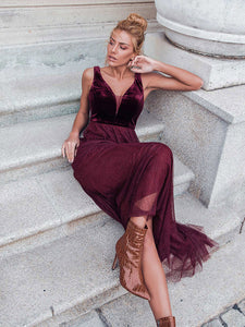 COLOR=Burgundy | Shimmery Floor Length Burgundy Prom Dress-Burgundy 1