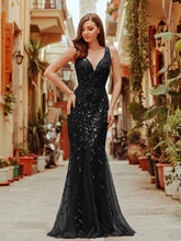 Load image into Gallery viewer, Color=Black | Women&#39;S Double V-Neck Fishtail Seuqin Evening Maxi Dress-Black 1