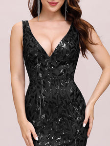 Color=Black | Women'S Double V-Neck Fishtail Seuqin Evening Maxi Dress-Black 6