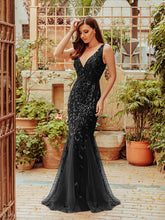 Load image into Gallery viewer, Color=Black | Women&#39;S Double V-Neck Fishtail Seuqin Evening Maxi Dress-Black 2