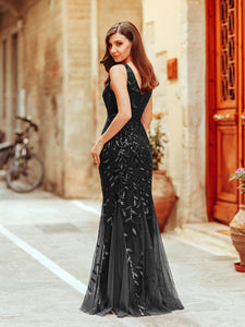 Color=Black | Women'S Double V-Neck Fishtail Seuqin Evening Maxi Dress-Black 3