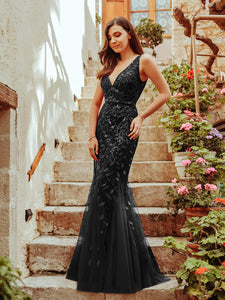 Color=Black | Women'S Double V-Neck Fishtail Seuqin Evening Maxi Dress-Black 5
